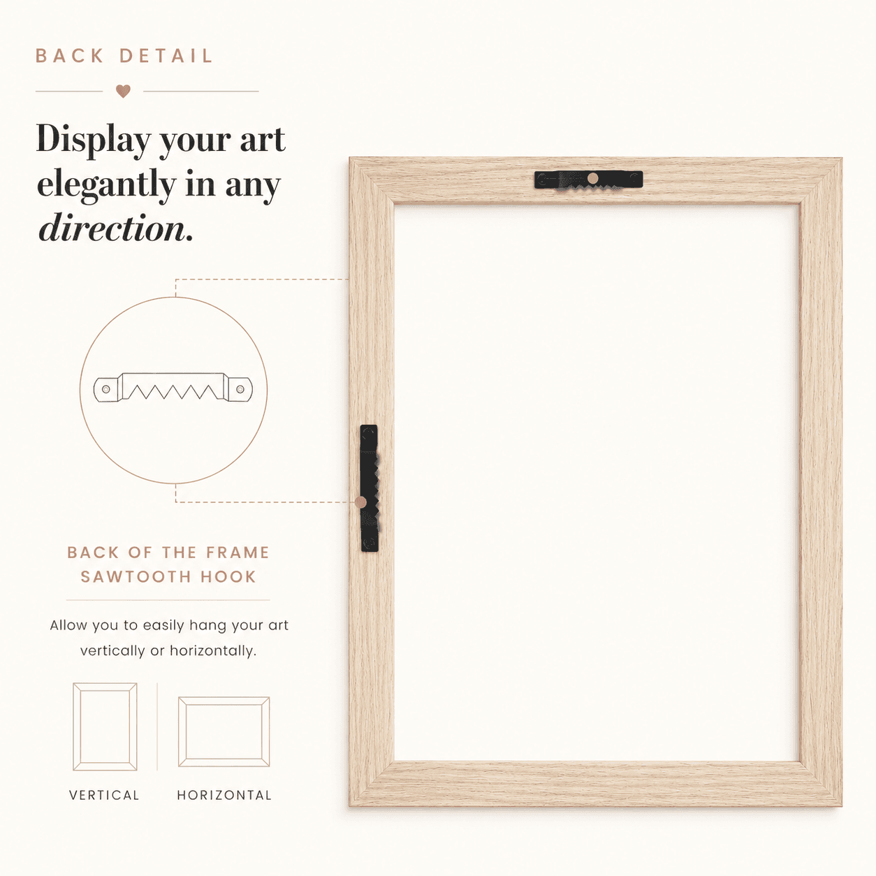 Diagram showing how the included hook and hardware mount a framed canvas to the wall