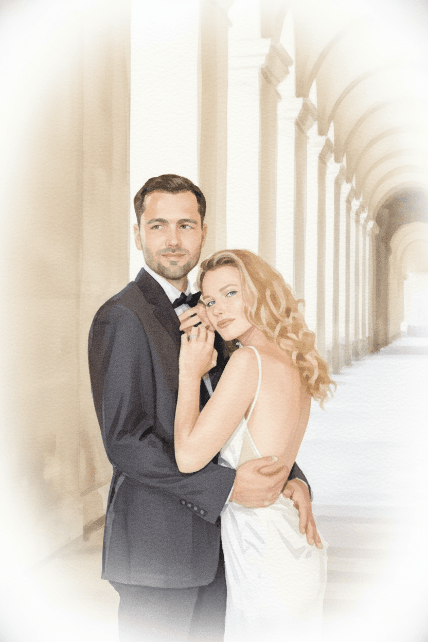 Example watercolor wedding canvas in a natural oak frame