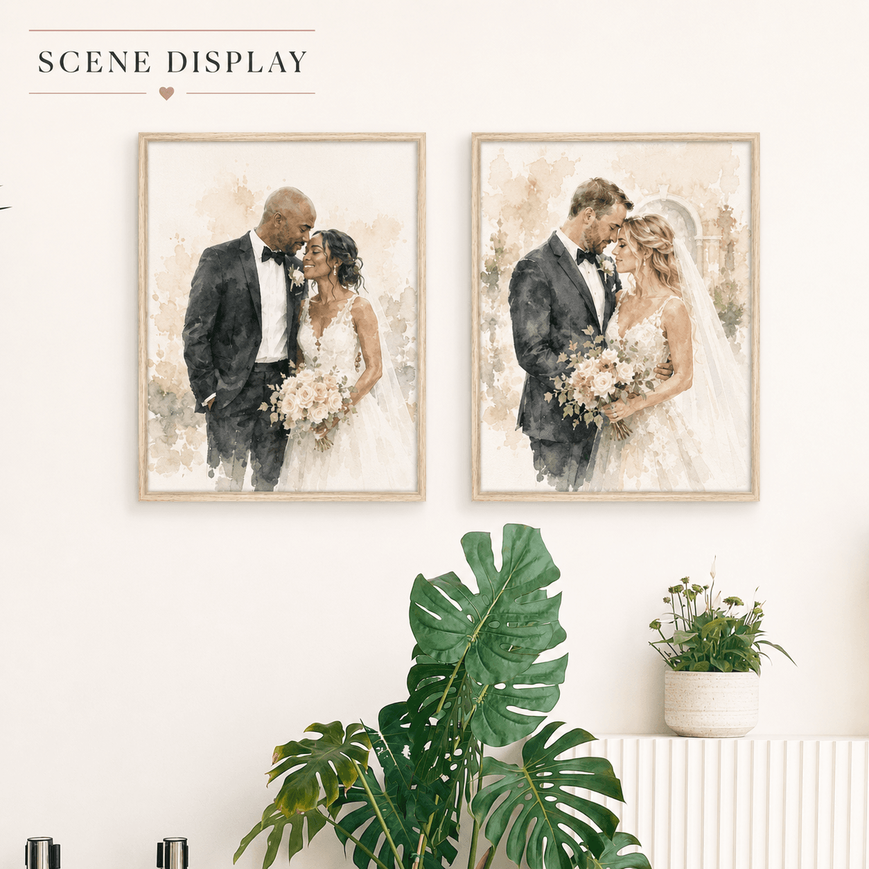 Watercolor canvases hung as wall art in a styled room