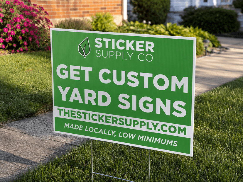 Custom double-sided coroplast yard signs with metal stake