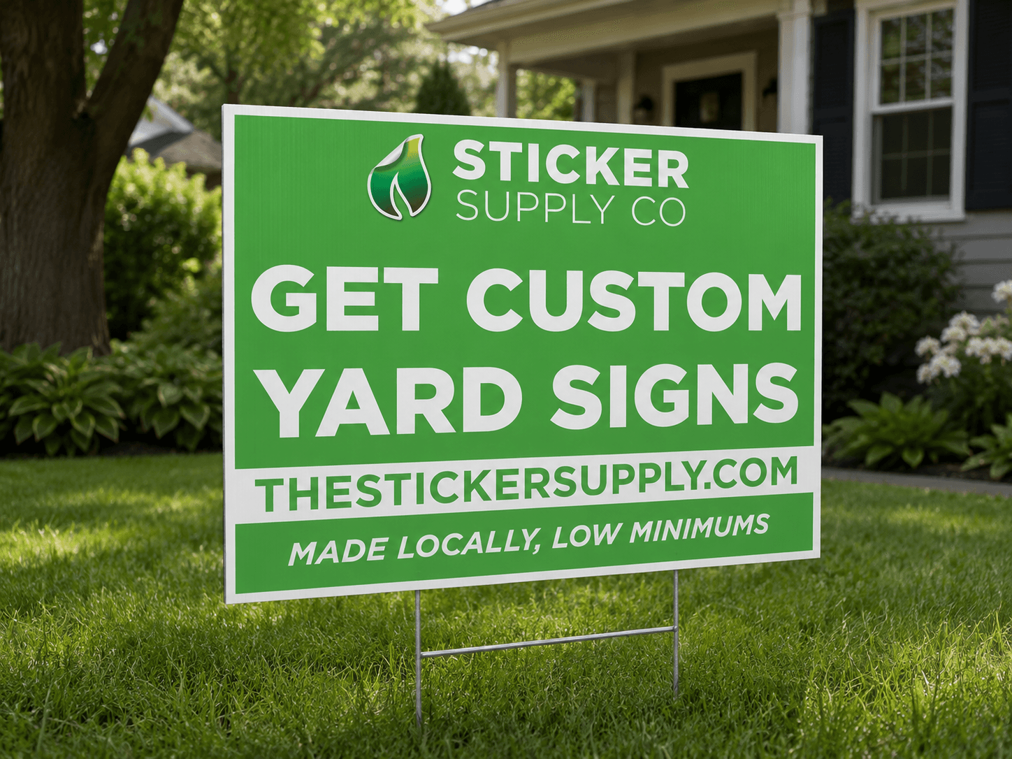 Custom rigid coroplast yard signs with double-sided printing and metal stake